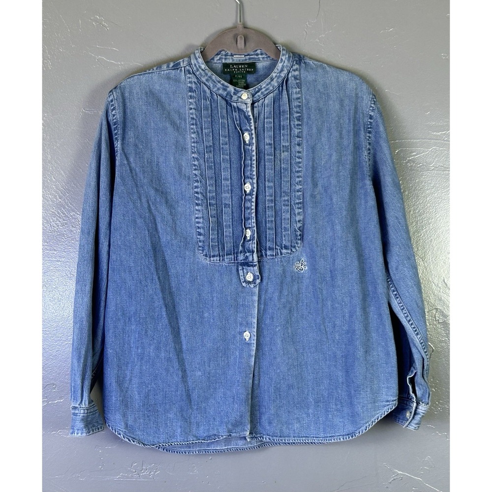 Lauren Ralph Lauren Petite light wash denim button-down shirt Pintuck Bib P/M